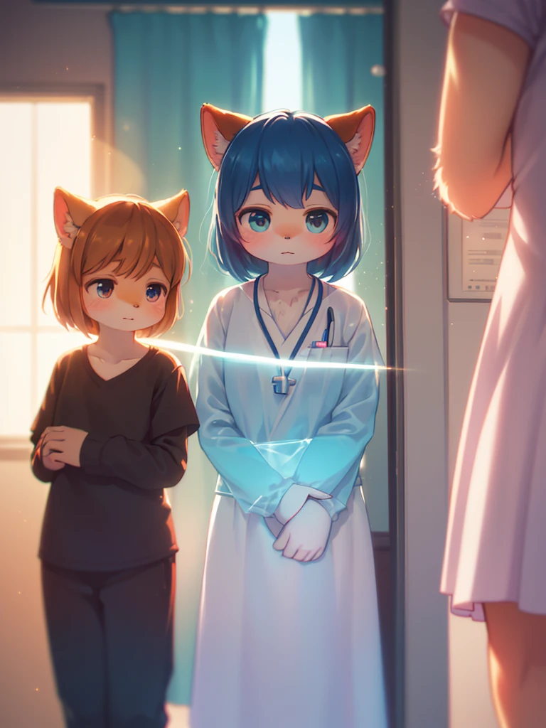 (Sumilux f1.4 50mm , low Latitude old color negative film , cross process , bokeh, flare, chromatic aberration , soft focus, (Shallow focus) , soft glow , Maximum aperture, high Key , Transparent depiction) , Medical photograph , Three females at different levels of maturity , child , , BBW , in the hospital , Hide Private Parts