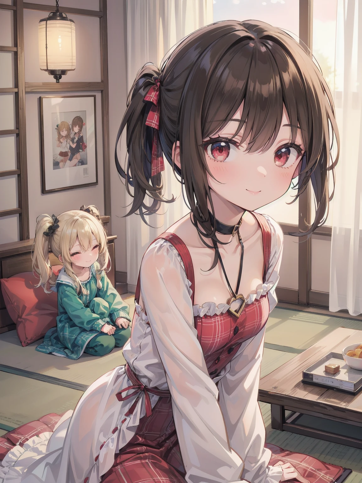 Girl in cute pose, (Masterpiece: 1.3), (Best Quality: 1.2), close-up of one beautiful girl, super hyper-detailed illustration,
BREAK
(Body type: girl, small breasts, slender,) charisma by nature,
BREAK
(Face: outstanding looks, mature beauty, ruby red eyes,)
BREAK
(Hairstyle: ponytail, long hair that ends around her chest, layers around her face, not much in the rest of her face. The rest of the hair is not so layered, giving the impression of a heavy haircut. The hair is smooth and straight, and the bangs are long enough to cover the eyes. They are parted and down so that the forehead is slightly visible. The key point is that both ends of the bangs are slightly cut to a length around the cheekbones. Blonde hair. (Lighter hair color than so-called brown or brown hair, half-up hair style tied on one side, left side half bunches or side ponytail),
BREAK
Less revealing dresses, plaid printed splicing dresses, vintage long-sleeved bodycon dresses,
BREAK
Bending forward, arms crossed behind the back, smiling, silky hair
BREAK
Background: warm room with wood grain and green, 7 tatami 1K natural interior, cosmetic table, bed, futon, cushion, chair, accessories, curtains, cute girlish room