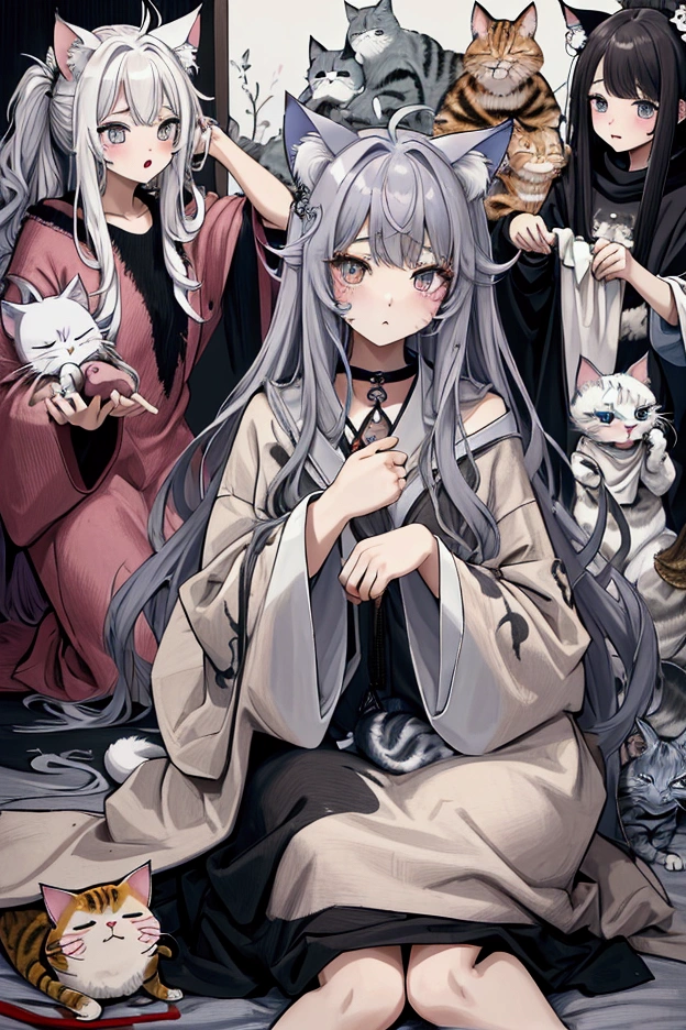 Highest quality, masterpiece, Ultra-high resolution, female、ugly、Messy Hair、dim impression、Cat Beastman、Grey Kemomimi、I don't have any clothes、Instead of clothes, they cover themselves with blankets to hide their skin.、was abused by humans