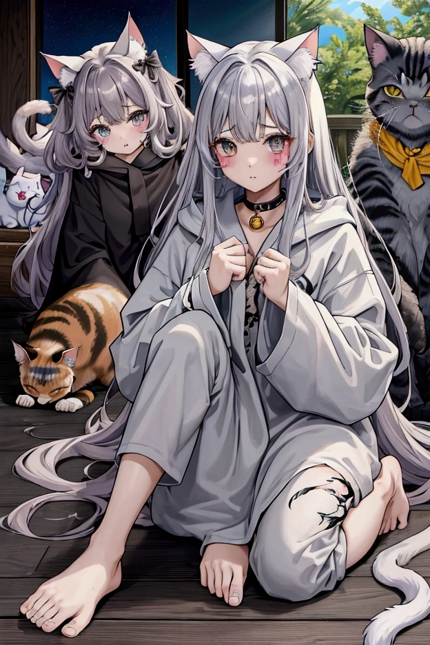 Highest quality, masterpiece, Ultra-high resolution, female、ugly、Messy Hair、dim impression、Cat Beastman、Grey Kemomimi、I don&#39;t have any clothes、Instead of clothes, they cover themselves with blankets to hide their skin.、was abused by humans