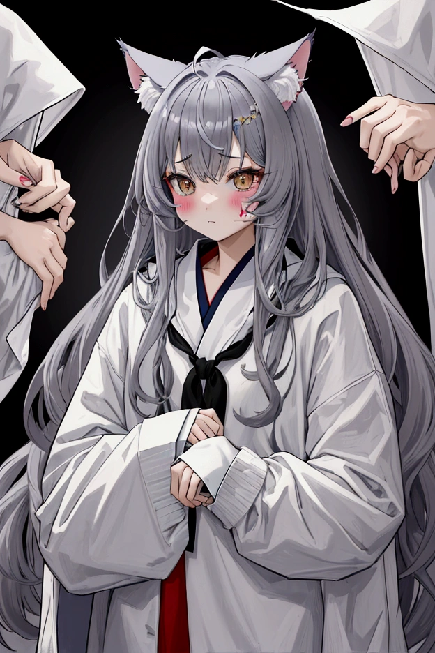 Highest quality, masterpiece, Ultra-high resolution, female、ugly、Messy Hair、dim impression、Cat Beastman、Grey Kemomimi、I don&#39;t have any clothes、Instead of clothes, they cover themselves with blankets to hide their skin.、was abused by humans