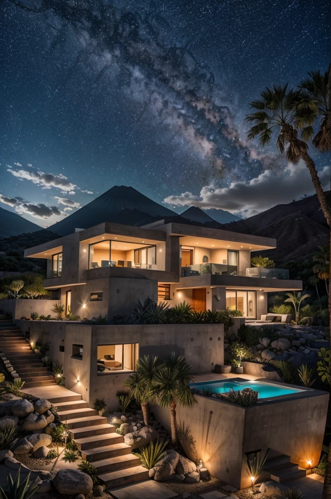 small and beautiful modern house in top of big boulders, terraces, pool, stairs, multiple cacti gardens, palms, trees, rocks, beautiful landscape design, mountains and volcano y background, amazing clouds, sun, moon, planets, milky way galaxy, concrete, wood, glass and steel materials, olive green, violet, orange and withe colors in facade