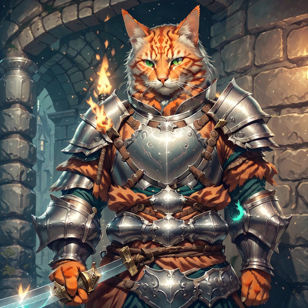 Orange cat, solo, 1male, green eyes, silver armor, silver plate mail, silver wrist bands, large sword, castle, torch light, weapons on wall