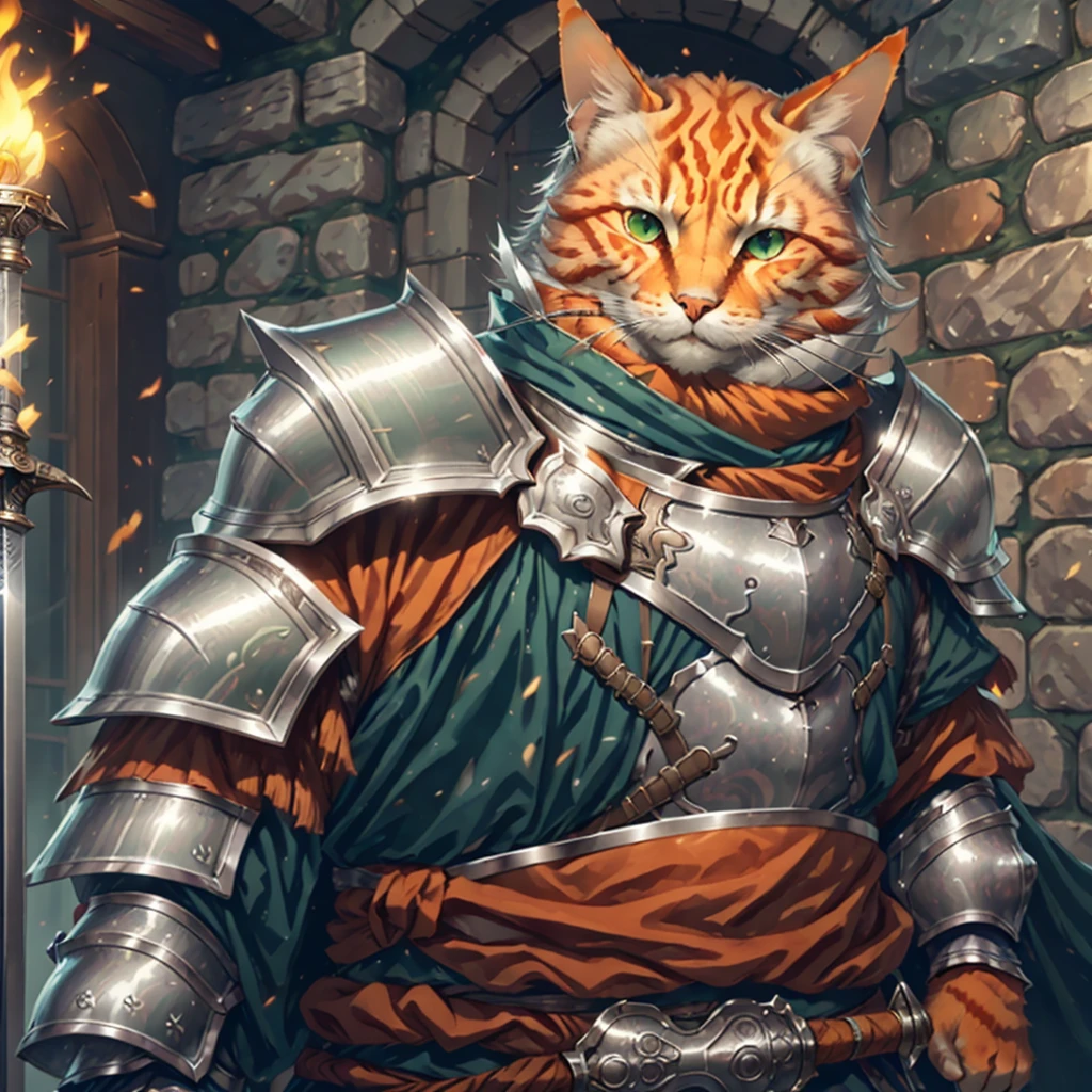 Orange cat, solo, 1male, green eyes, silver armor, silver plate mail, silver wrist bands, large sword, castle, torch light, weapons on wall
