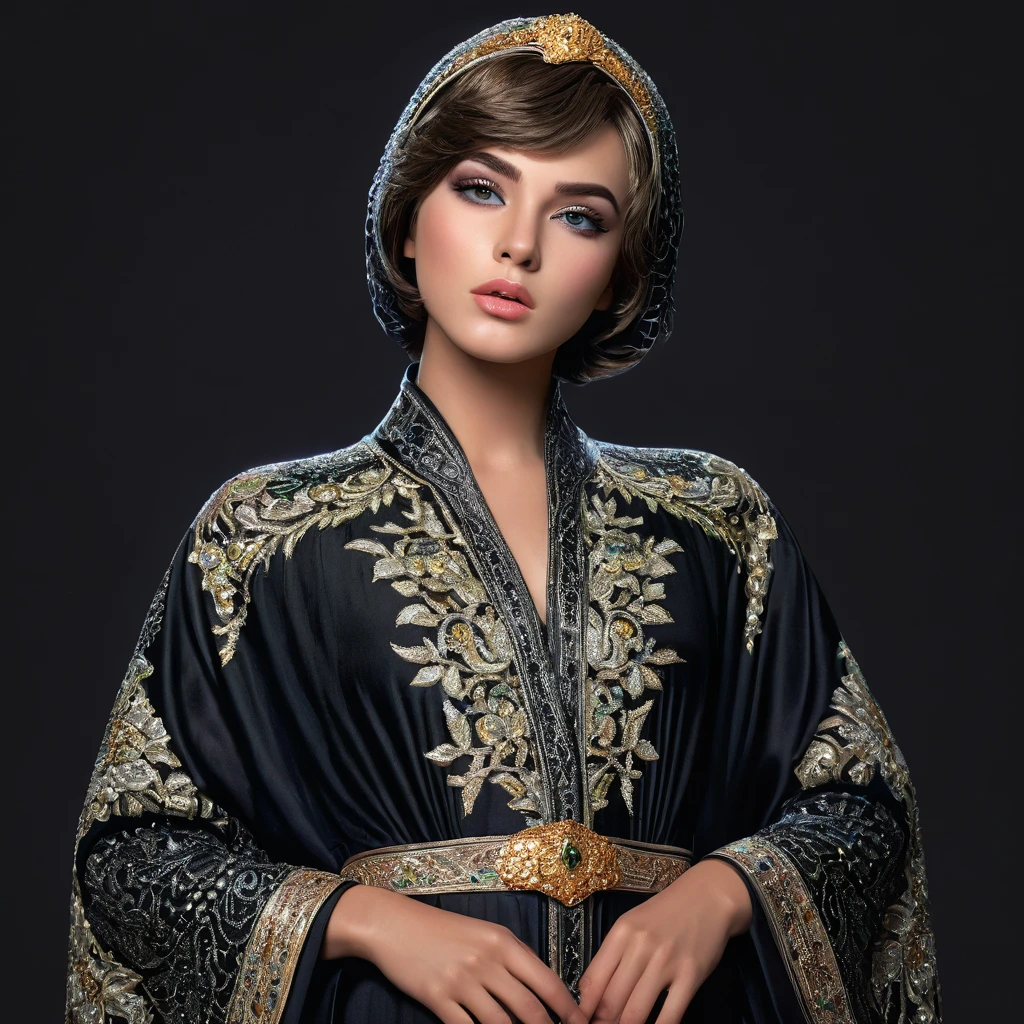 A femboy with short hair,abaya,knee and thigh visible,beautiful detailed, full body portrait, eyes,beautiful detailed lips,extremely detailed face,longeyelashes,1boy,high quality,photorealistic,professional,studio lighting,ultra-detailed,masterpiece,vivid colors,dramatic lighting