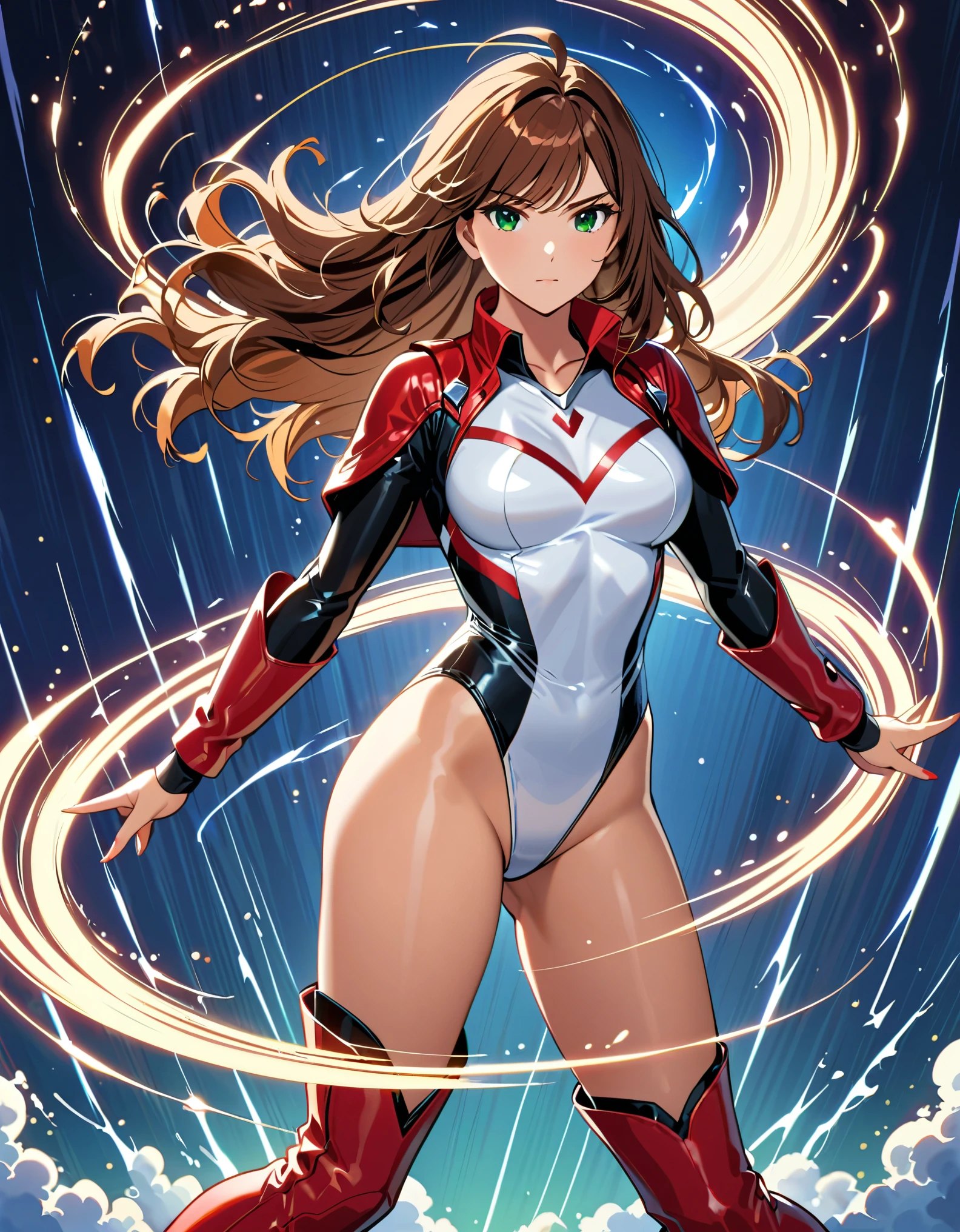 (masterpiece), (best quality), (high res), 1lady, tall body, professional, beautiful detailed eyes, beautiful detailed face, serious, perfect hands, complete fingers, perfect anatomy, perfect proportions, ((brown hair, medium hair, hair down)), ahoge, ((green eyes)), ((leotard, white leotard, matching leotard)), ((white dress collar, open collar)), ((bare legs)), ((boots, matching boots, ankle-high boots, red boots)), breasts, medium breasts, (full body portrait), (solo, solo focus), cowboy shot, space backdrop, (((yellow upside-down chevron) (symbol) on chest)), ((red leather jacket, open jacket)). (T-pose, legs together). (fast spin, spins fast in place like a tornado, whirls fast in place like a tornado, tornado whirling, spiral lines around her, speed lines around her, spinning energy pulse around her, storm winds around her, whirls into a tornado, (she whirls) in (super speeds)). full body costume design. curved sword slash. she super-spins. time travel, time warp.
