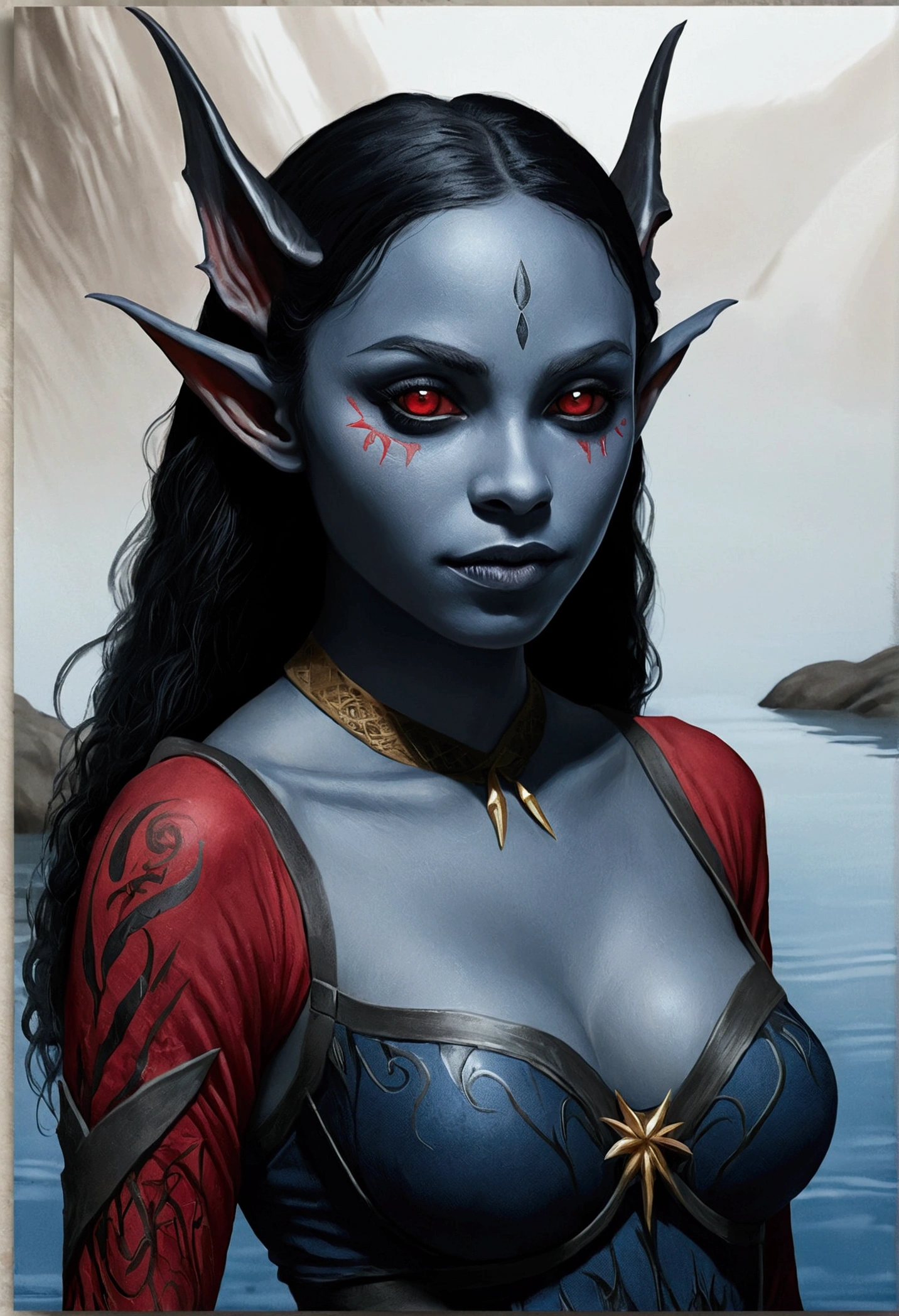 A young drow girl, 18 years-old, drow, elf ears, long pointy ears, ruby red eyes, blue skin, blue complexion, raven hair, pretty, natural beauty, wearing linen undergarments, posing in a steamy sulfuric hot spring, an illustrated movie poster, hand-drawn, full color, hard shadows, graphite shading, stencil marks, airbrushed acrylic paint, masterpiece, in the style of Rockstar Games