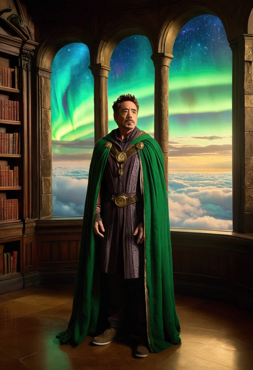 Robert Downey Jr. stands in a floating castle above the clouds, dressed in a Norse wizard's robe and a cape that looks like it's made of aurora borealis. He's in a magical library filled with ancient scrolls and enchanted artifacts. The scene is lit by a golden and green light, with the city below visible through the castle's windows. The photo was taken with a Canon EOS R5 and a 35mm f/1.2 lens, capturing the ethereal and magical ambiance.