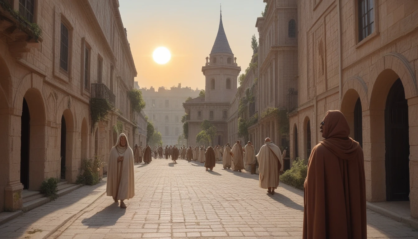 the impressive image of Jesus Christ of Nazareth with a face and skin native to a region walking through the streets of an ancient city in Palestine at dawn. The soft light of the rising sun illuminates the stone houses and cobblestone streets. Jesus wears a traditional tunic and cloak of the time, with shades of white and beige. The scene shows people of different ages and ethnicities, wearing period clothing, some talking, others interacting with animals, such as sheep and donkeys, which add the feeling of everyday life to the environment. with a serene and welcoming atmosphere that reflects the, photo