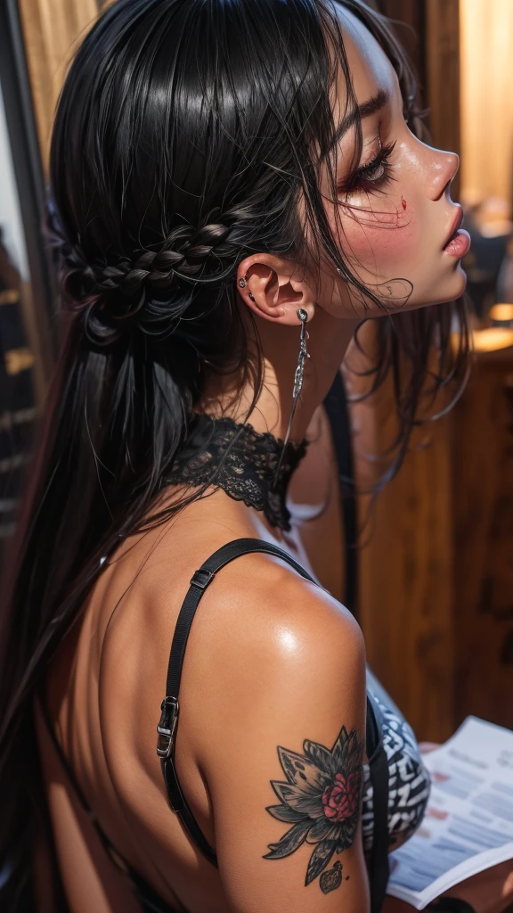 take a picture from behind,short stacks, frame binder, stationary restraints, long black hair,