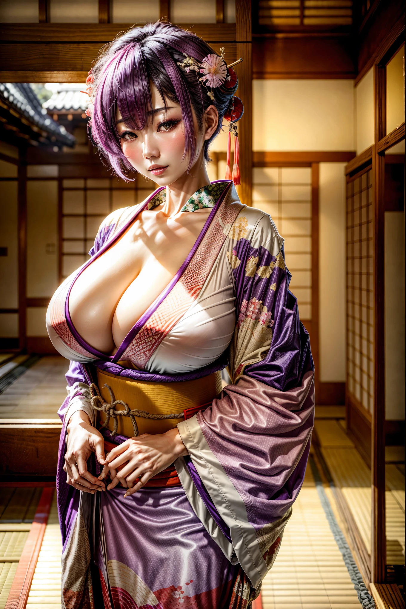 Japanese woman, big boobs, lilac hair in a very delicate short cut, wearing a colorful traditional kimono, in a medieval Japanese house