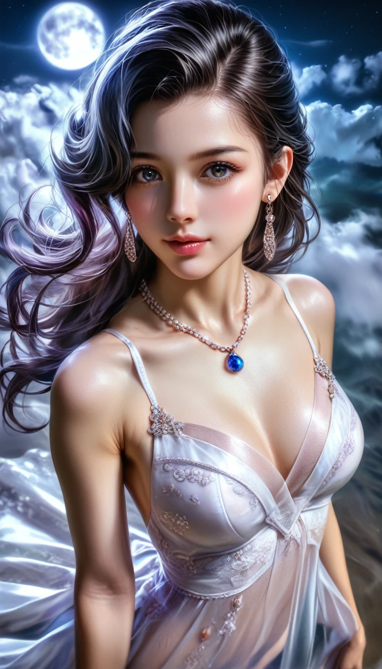 score_9, score_8_superior, score_7_superior, A masterpiece in 32K resolution,Highest quality,it is really amazing,Very detailed,Ultra-high resolution,(Ultra-realistic:1.5),(Realistic:1.5),Increased depth of field,Cinematic lighting,
(Elegant adult Japanese woman:1.4),
Long black hair,Ultra-detailed and beautiful face,(Gentle expression:1.1),Translucent white skin,(Realistic skin texture:1.1),
(Sexy Swimwear:1.1),
Bold design,Artistic design,Beautiful and detailed pattern,Detailed fabric texture,
Gorgeous necklace,Earrings,
Coastline at night,(Giant Moon:1.1),(Dark clouds floating in the dark night sky:1.1),
High angle,