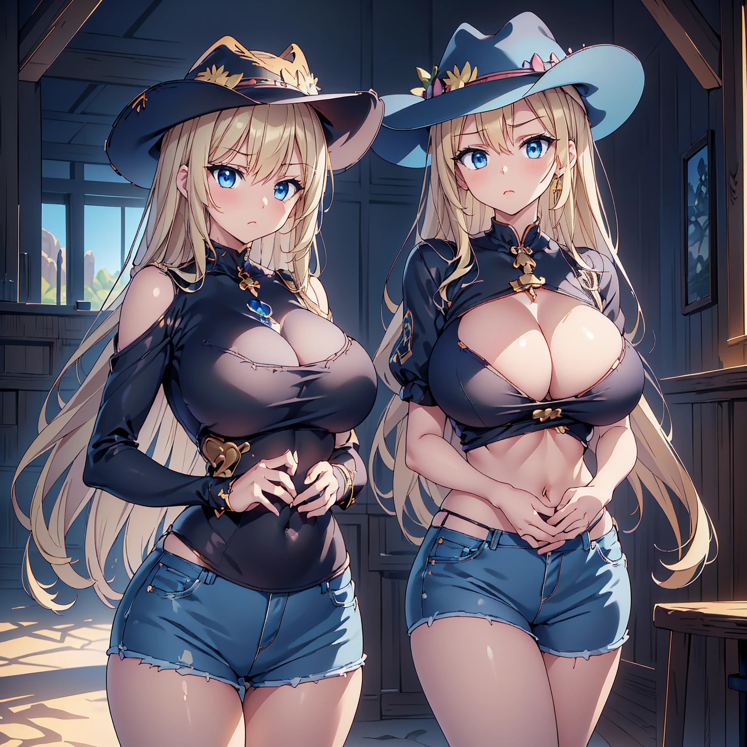 Anime Kawaii sexy Perfect Slim sensual body large breast and huge thighs, An intricate and highly detailed illustration of anime (Young girl) Maximum quality、Superior image quality、Masterpiece artwork、girl with((cute、18-years old、Better bust、medium bust、Bust 85,gorgeous blue eyes、wide open breasts,long blonde hair、A slender、Middle node、black tee,blue jeans、Enrole o cinto、serious face,cowboy hat、Cowboy Oeste))high qualiy、linda arte、Background with((Western World、desert sands)),tabletop、Elaborate Design、visual artwork、depth of fields、The best lighting、More Detailed、8k,super delicate、A little away