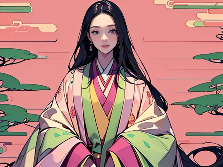 (masterpiece, Highest quality, Highest quality，aesthetics:1.2)，Twelve-layered kimono，1300 years ago，Japan_Heian period，１Beautiful noble princess，Beautiful Skin，(Straight hair　Long, beautiful black hair)，Beautiful Face、Beautiful Eyes，Beautiful nose、Beautiful lips、　(kimono　Gentle pink color　yellow　Light green　red　The beauty of layered colors)，Silk luster，Layered Color，Wide sleeves，The hem of the hakama is long，dream-like，elegant，Highest quality，Beautiful graphics, Super detailed，butterfly，Fresh，Minimal background，Transparent robe images，Detailed CG、