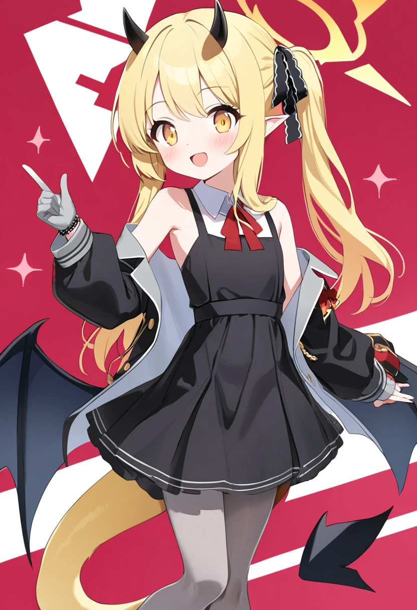 Ibuki \(Blue Archive\),Yellow Eyes,Pointed Ears,Blonde,Long Hair,One side up,Hello,Black Hair Ribbon,horn,(tail,Low Wing:1.2),(Black Dress:1.2),Exposing shoulders,Grey gloves,Grey pantyhose,Mary Jane、Jojipan、Full body portrait、One girl、Skirt flip