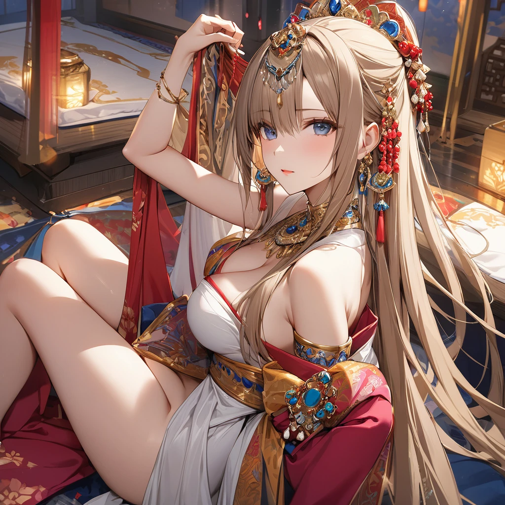 ((Highest quality)), ((masterpiece)), (detailed), （Perfect Face）、The woman is a concubine and sixth wife, Yuuki Asuna, with light brown, medium-long hair. She is a concubine to a wealthy man and a member of his harem. She is beautifully dressed in a captivating harem outfit and is lavishly adorned with many accessories.、Including women６The man&#39;s concubines are gathered around him