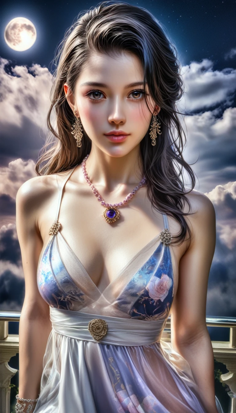 score_9, score_8_superior, score_7_superior, A masterpiece in 32K resolution,Highest quality,it is really amazing,Very detailed,Ultra-high resolution,(Ultra-realistic:1.5),(Realistic:1.5),Increased depth of field,Cinematic lighting,
(Elegant adult Japanese woman:1.4),
Long black hair,Ultra-detailed and beautiful face,(Gentle expression:1.1),Translucent white skin,(Realistic skin texture:1.1),
(Sexy Swimwear:1.1),
Bold design,Artistic design,Beautiful and detailed pattern,Detailed fabric texture,
Gorgeous necklace,Earrings,
Coastline at night,(Giant Moon:1.1),(Dark clouds floating in the dark night sky:1.1),
High angle,