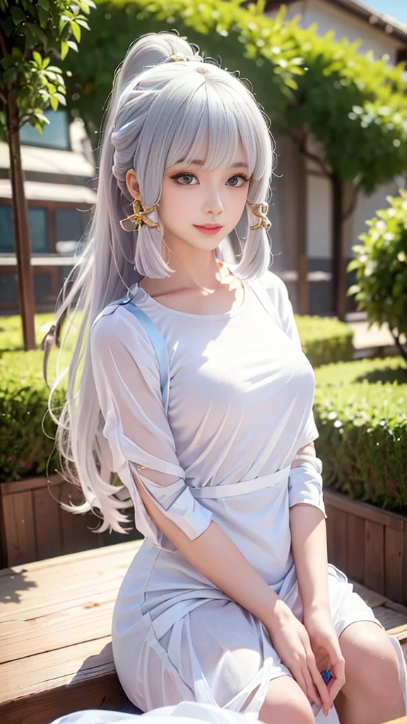 ((best quality, 8K, masterpiece :1.3)), Clear focus :1.2, 24 years old beautiful girl，Perfect body :1.4, Original Photography、Ultra-high resolution, best quality, 超HD, (Reality:1.4), Detailed photos, Smile, Sexy, Face the camera, (masterpiece: 1.3), (8K, Reality, best quality: 1.4), Pretty Face, (Realistic face),Beautiful hairstyle, Realistic eyes, eyes in beautiful detail, (Realistic skin), Beautiful Skin, absurd, attractive, Ultra-high resolution, Surreal, HD, Golden Ratio,Highly rated works、best quality、((Hasselblad Photo))、Delicate skin、Dynamic Angle、[:(Delicate face:1.2):0.2]、garden， ，outdoor， Smile, ((Delicate face )),(Detailed body ) , Highly Delicate face and skin texture, Delicate eyes, Double eyelids,Huge breasts, White T-shirt，masterpiece,Super narrow eyes,Ultra-fine hands,Wearing jewelry realistically, Face scaling, Perfect makeup, Ponytail，