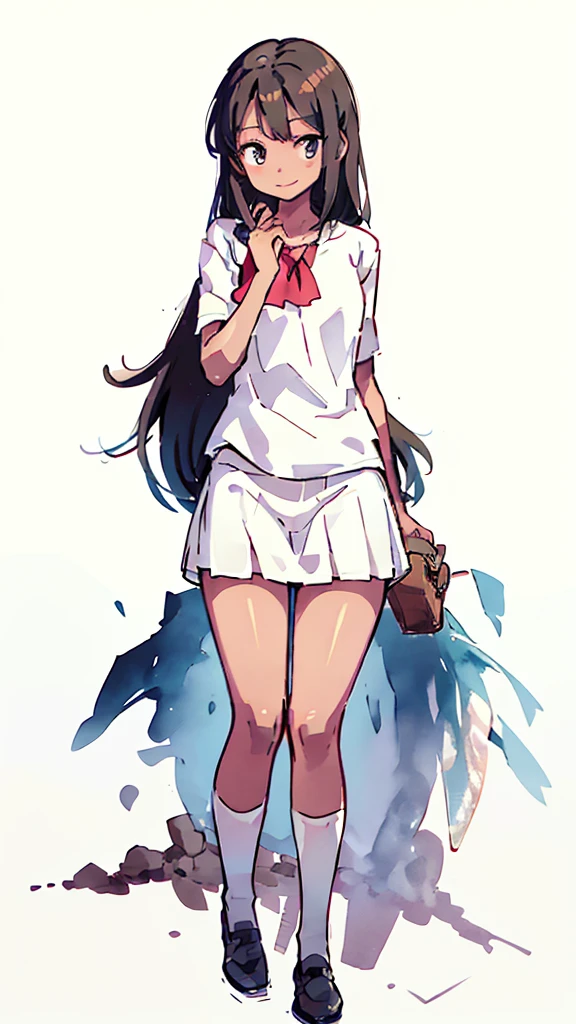 Black gal、bad、Mischievous Smile、Gal Makeup、Naughty、long hair、Blonde、Sunburn、Brown Skin、Nsfw、masterpiece, high quality, 4K, HDR,, Stable Diffusion prompt: with , wearing a white blouse and Brown skirt, white panties visible, navy socks and brown loafers, in a state of arousal and trembling with sexual climax,simple illustration style, In a nichijou (everyday life) setting