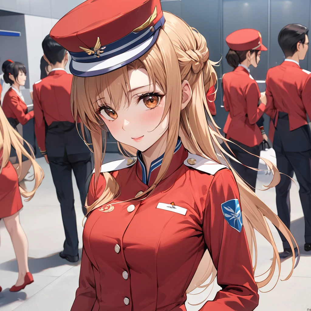 ((Highest quality)), ((masterpiece)), (detailed), (Perfect Face)、The woman is Yuuki Asuna, a flight attendant for Shandong Airlines, a Chinese woman with light brown, medium-long hair.、The woman is wearing a red Shandong Airlines flight attendant uniform, a uniform scarf and a uniform hat.、She is wearing the bright red uniform that is so typical of China.、Flight attendants were photographed gathering in a line.