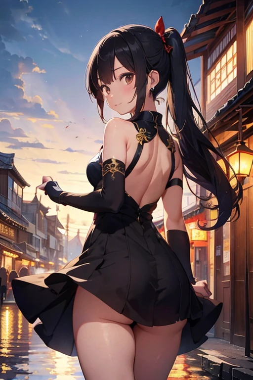 best quality,official art,Extremely detailed CG unified 8k wallpaper, (Wide-angle lens),1 girl, (Meiyu Edelfeldt),,black hair,brown eyes,seductive smile,National Science Foundation, barefoot, see through dress, Butterfly, Butterfly hair accessories, backless dress, Chinese clothes,sleeveless, twice as good,Golden dragon pattern,barefoot,full moon,Elbow gloves,Good, hair accessories,jewelry,earrings,Bead Anklet,thin legs,nail polish, medium breasts, alone, toenail polish, toe armor, toe, Double tail,outdoor,Chinese style architecture, Chinese style, lake, ancient town, Beautiful and detailed water,Red Lantern,fireworks,Thick thighs，View from behind,Buttocks visible，White cheongsam