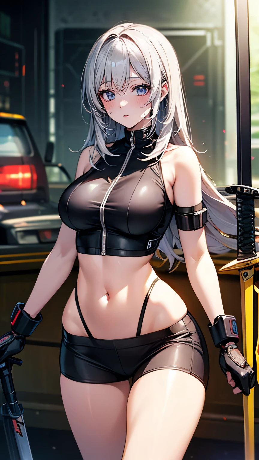 (Very delicate and beautiful:1.2)super model,,Beautiful breasts,voluptuous,【bike shorts】,,【3girls】,,Highest quality, High resolution, 8k,mini skirt.Three Girls.cyber punk.Mechanical Sword
