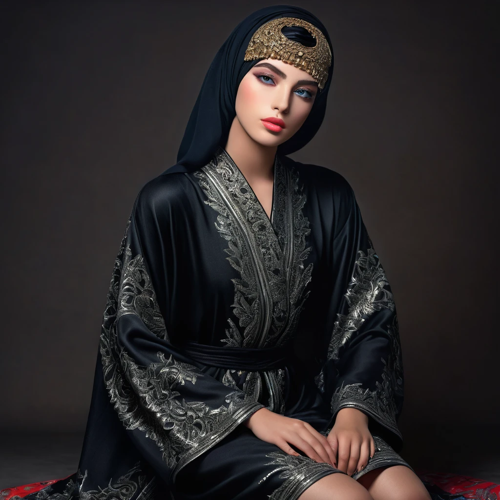 A femboy with short hair,abaya,knee and thigh visible,beautiful detailed, full body portrait, eyes,beautiful detailed lips,extremely detailed face,longeyelashes,1boy,high quality,photorealistic,professional,studio lighting,ultra-detailed,masterpiece,vivid colors,dramatic lighting