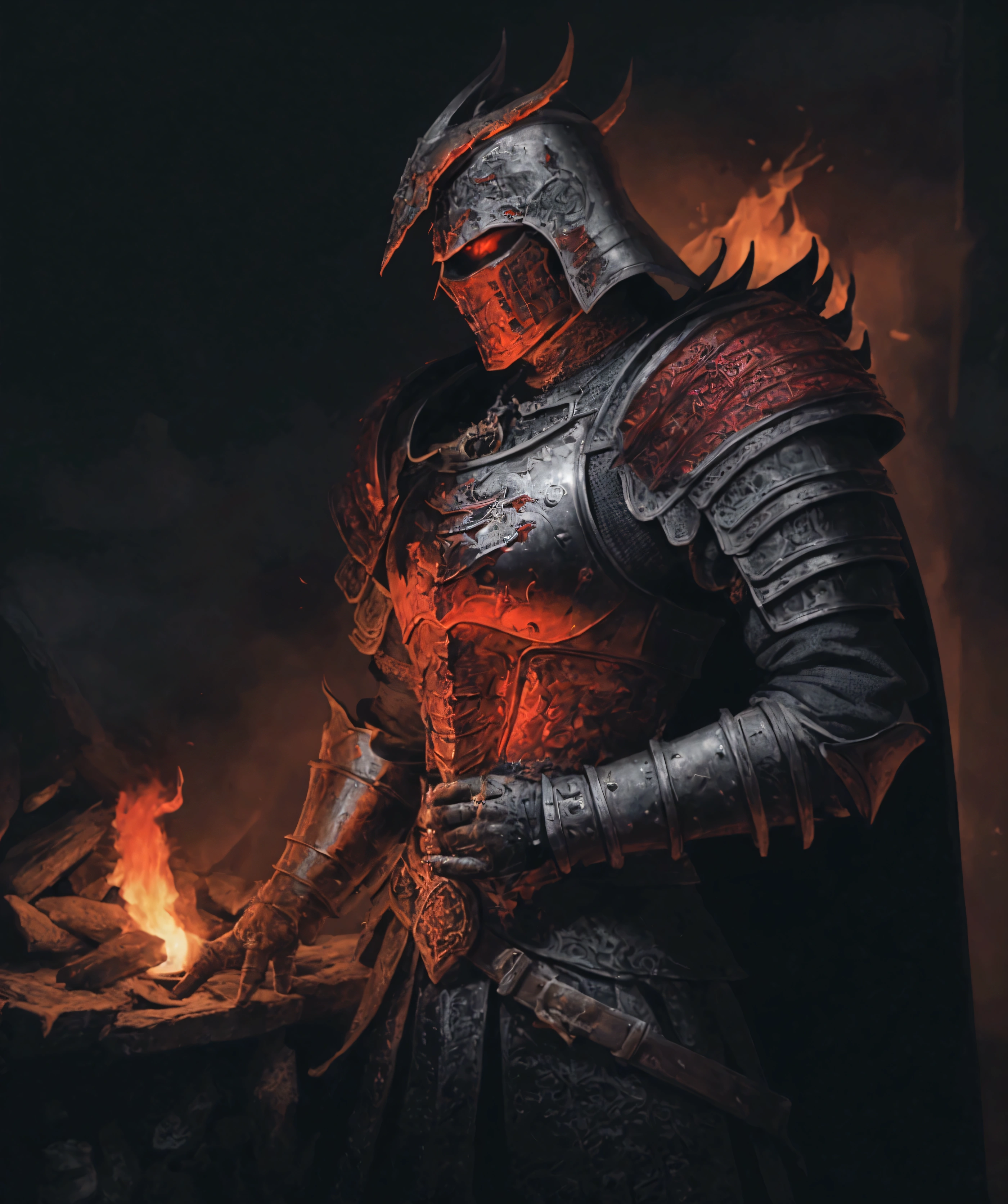 An ultra-high definition 8K wallpaper featuring a medium shot of Grim, depicted as a fierce medieval knight. Grim is clad in intricately detailed, battle-worn armor adorned with heraldic symbols and dark, gleaming metal. The scene is dramatically lit with a fiery glow, highlighting the rugged texture of the armor. The background showcases a war-torn battlefield with crumbling fortresses and blazing fires, creating a vivid, intense atmosphere. The image boasts intricate details, a dramatic historical theme, and rich, complementary colors of blood red, charcoal black, and molten gold, contributing to an overall sense of epic conflict and valor.