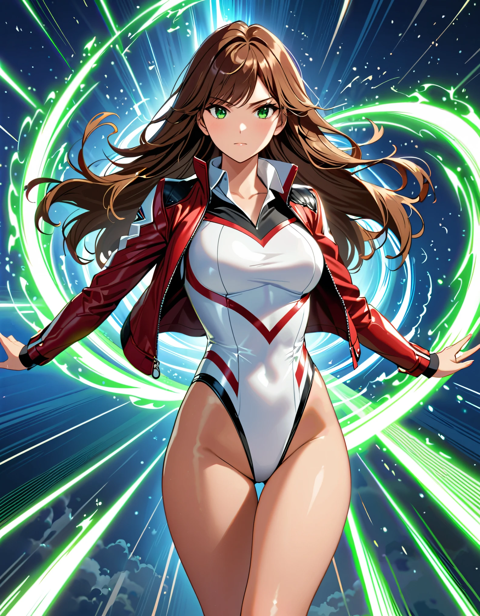 (masterpiece), (best quality), (high res), 1lady, tall body, professional, beautiful detailed eyes, beautiful detailed face, serious, perfect hands, complete fingers, perfect anatomy, perfect proportions, ((brown hair, medium hair, hair down)), ahoge, ((green eyes)), ((leotard, white leotard, matching leotard)), ((white dress collar, open collar)), ((bare legs)), ((boots, matching boots, ankle-high boots, red boots)), breasts, medium breasts, (full body portrait), (solo, solo focus), cowboy shot, space backdrop, (((yellow upside-down chevron) (symbol) on chest)), ((red leather jacket, open jacket)). (T-pose, legs together). (fast spin, spins fast in place like a tornado, whirls fast in place like a tornado, tornado whirling, spiral lines around her, speed lines around her, spinning energy pulse around her, storm winds around her, whirls into a tornado, (she whirls) in (super speeds)). full body costume design. curved sword slash. she super-spins. time travel, time warp.