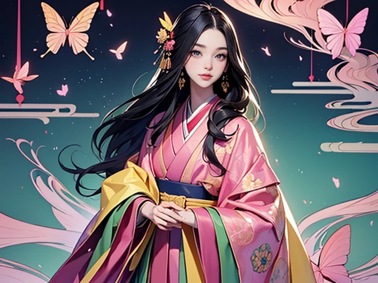 (masterpiece, Highest quality, Highest quality，aesthetics:1.2)，Twelve-layered kimono，1300 years ago，Japan_Heian period，１Beautiful noble princess，Beautiful Skin，(Straight hair　Long, beautiful black hair)，Beautiful Face、Beautiful Eyes，Beautiful nose、Beautiful lips、　(kimono　Gentle pink color　yellow　Light green　red　The beauty of layered colors)，Silk luster，Layered Color，Wide sleeves，The hem of the hakama is long，dream-like，elegant，Highest quality，Beautiful graphics, Super detailed，butterfly，Fresh，Minimal background，Transparent robe images，Detailed CG、