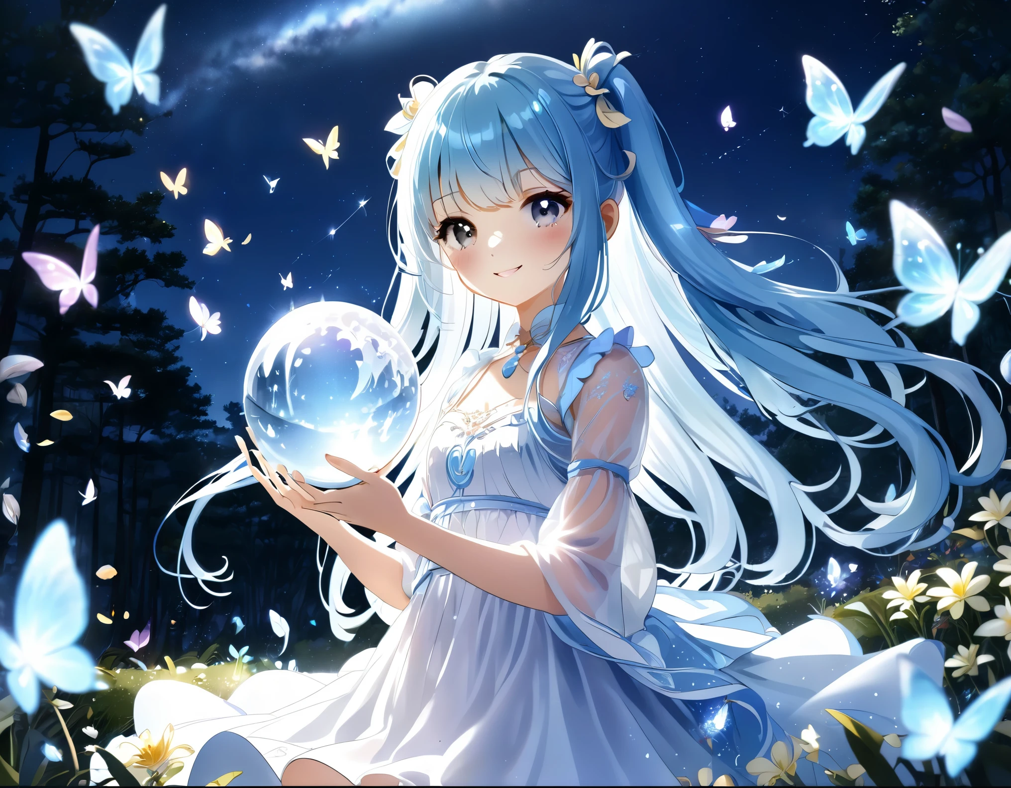 Light blue long hair、Beautiful girl with twin tails、smile、Mysterious forest with the moon shining、A forest shining in the moonlight and beautiful flowers all over the ground々、Crystal Sparkle、A beautiful girl holding a large transparent crystal ball、Many petals and many shiny butterflies fluttering about、Night Sky、shooting star、Mysterious Landscape、Beautiful girl in white dress、A shining aura surrounds the beautiful girl