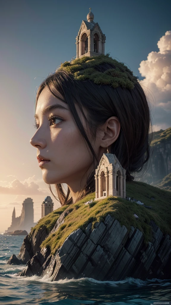 (work of art, best qualityer:1.2), super detaill, cinematic lighting, HDR, illustration, Giant stone heads as a habitat in the middle of the sea, colorfully, monks in procession, Mystery, highy detailed, hight contrast, golden ratio composition, epic vision, work of art,
