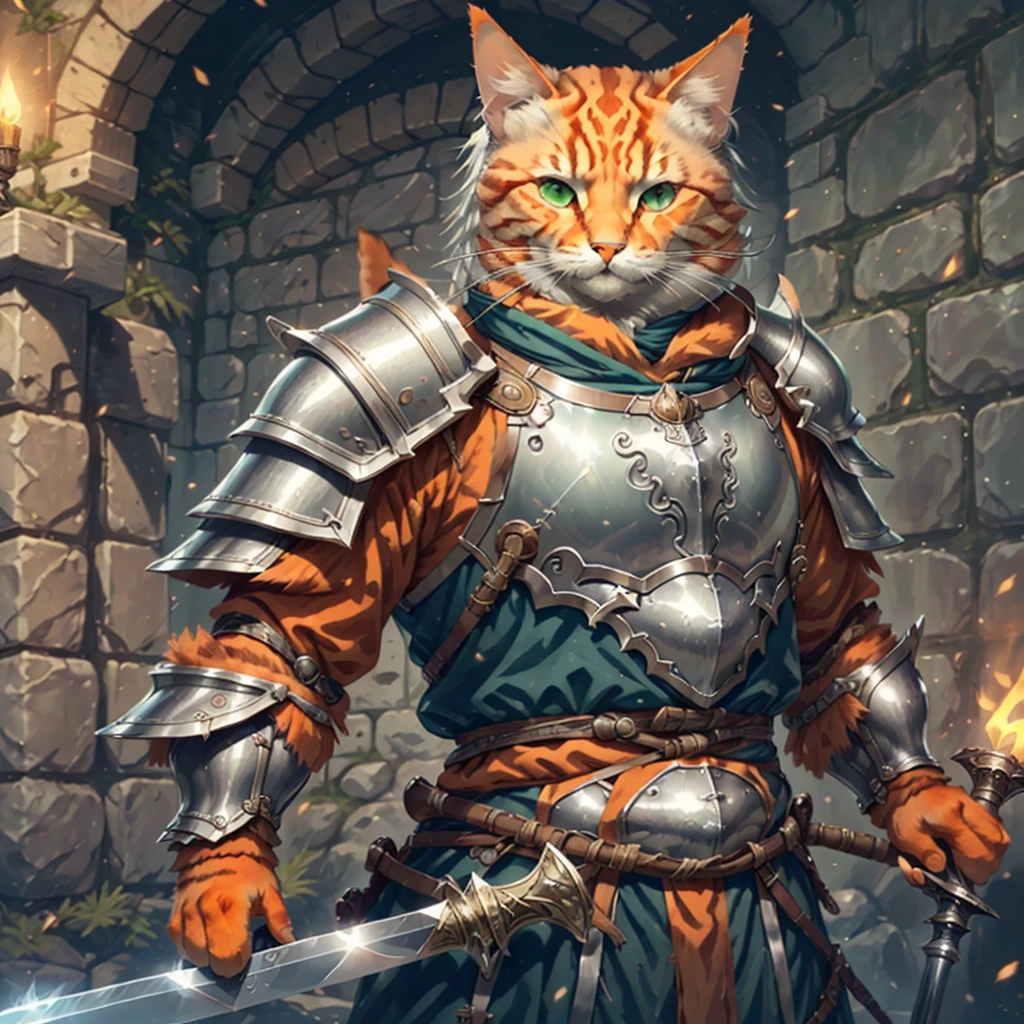 Orange cat, solo, 1male, green eyes, silver armor, silver plate mail, silver wrist bands, holding a large sword, castle, torch light, weapons on wall