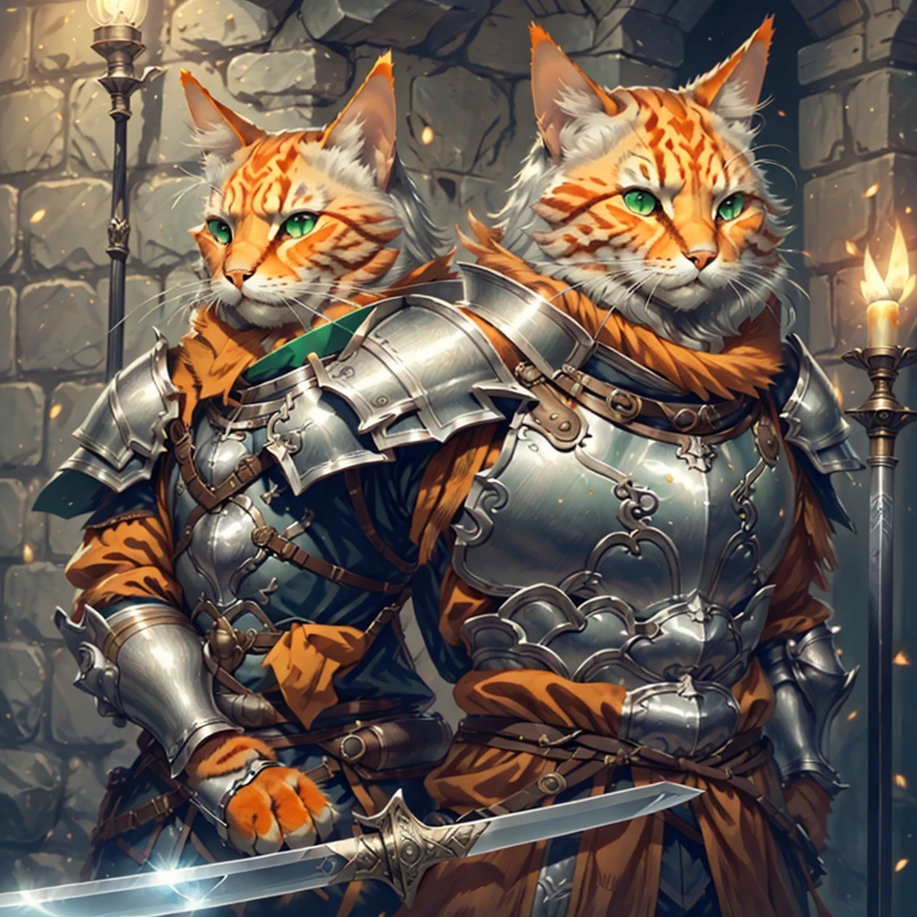 Orange cat, solo, 1male, green eyes, silver armor, silver plate mail, silver wrist bands, holding a large sword, castle, torch light, weapons on wall