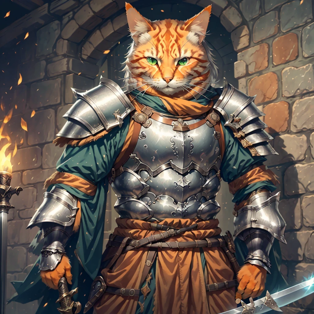 Orange cat, solo, 1male, green eyes, silver armor, silver plate mail, silver wrist bands, holding a large sword, castle, torch light, weapons on wall