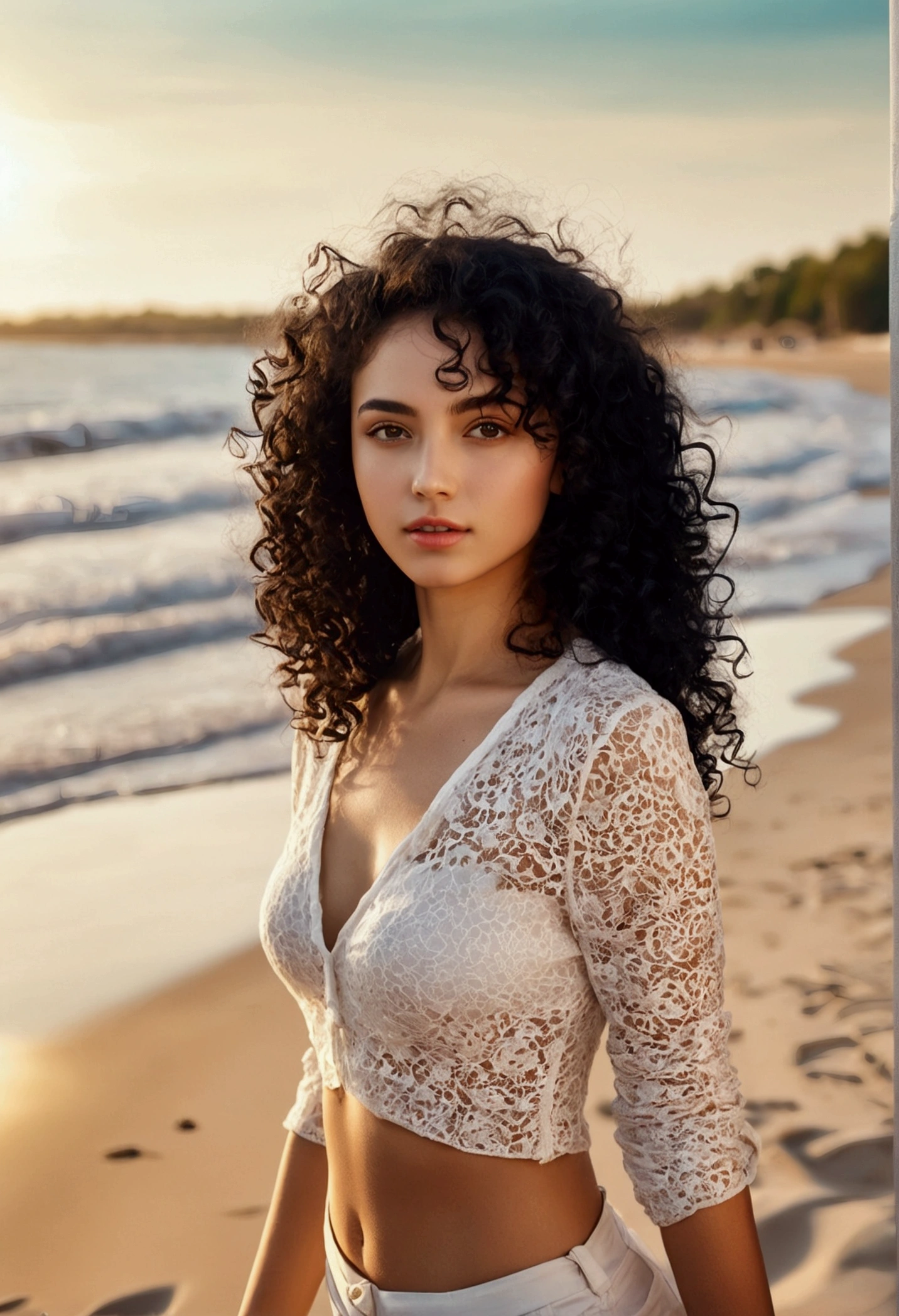 Realistic photo of girl with perfect body wearing light clothes on the beach. black curly hair