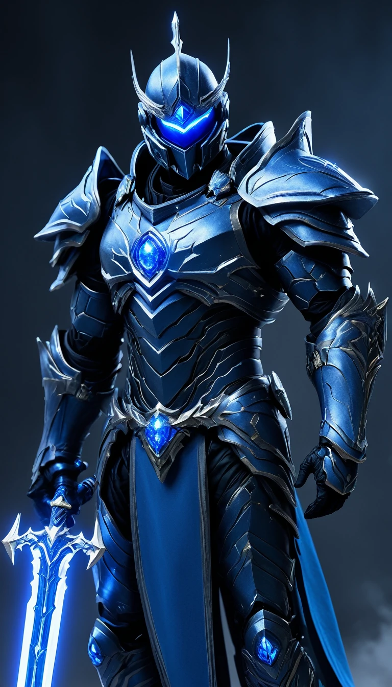 Masterpieces, male, Black Knight, (Black armor) Action style shot, (no undercloth), Glowing Blue colored gem on breastplate, (Battle Priest in a warframe and halo style armor wielding a sword with radiant blue light, emanating potent blue light magic.), (blue half cape), (action shot: hefting a sword), (black, blue and silver color scheme), (5 blue gems on belt), (frost magic effects), white and blue tabard (solid gold color background), (frost magic background effects), centered, full body shot fighting, sci-fi knight, Halo master chief, vibrant colors, visible figure joints, cinematic shot, volumetric lighting, intricate pattern detail, highly detailed