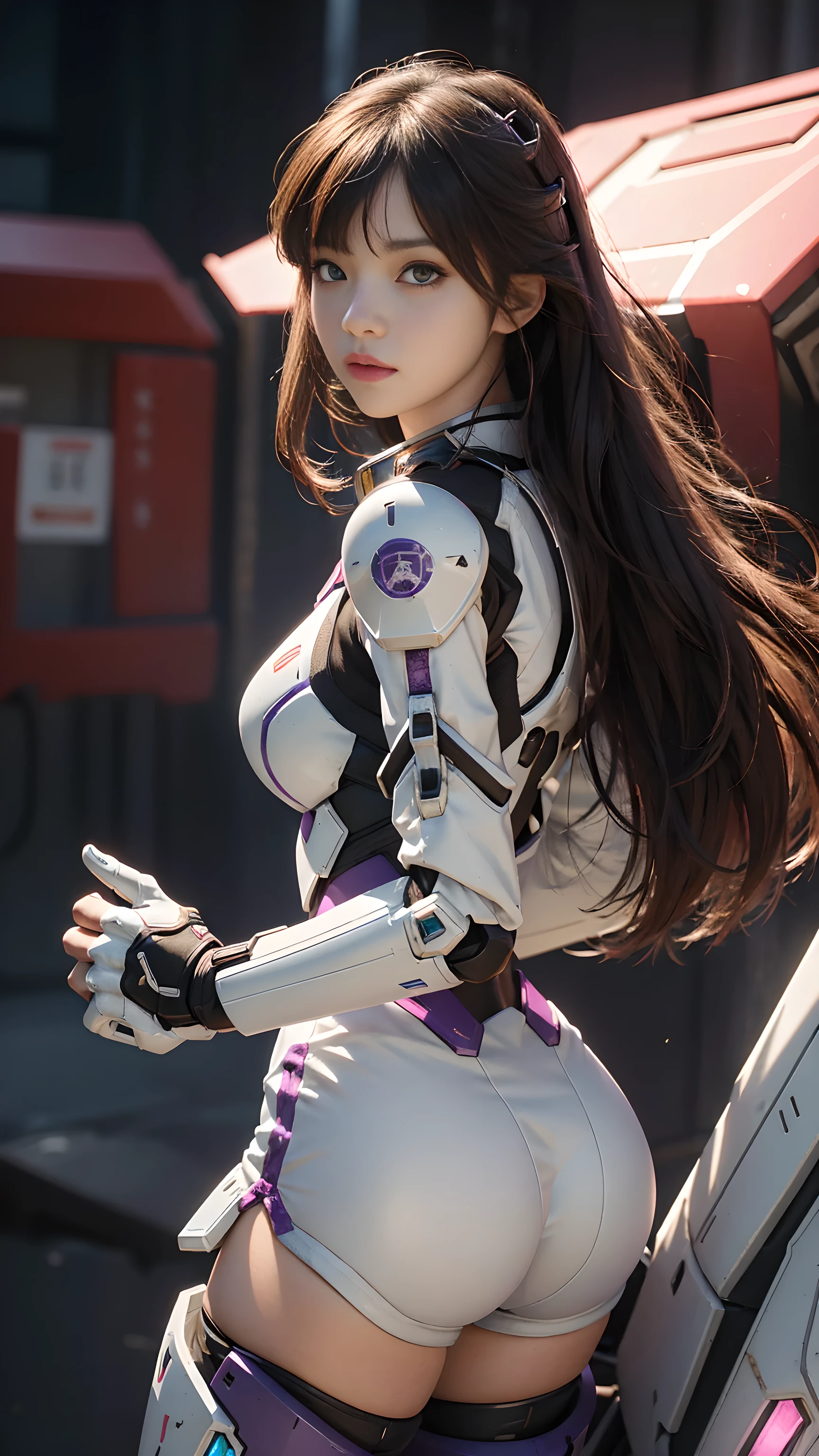 Raw, masterpiece, Ultra-fine photos,, best quality, Ultra-high resolution, Reality, Sunlight, Complete Body肖像, Stunning beauty,, Dynamic poses, Delicate face, Vibrant eyes, (side view) Close-up of woman wearing pink and white Gundam costume, Dynamic poses, Long brown very very long hair Rapunzel, girl in mecha cyber armor, portrait armored astronaut girl, d. va from Overwatch, Female Mecha, on a gundam, Gundam Head, Qingdao Chiho Color Scheme, Gundam, Streamlined purple armor, Complete!! girl, realistic cosplay, gundam armor (Dynamic poses) (Best camera viewing angle), Complete Body