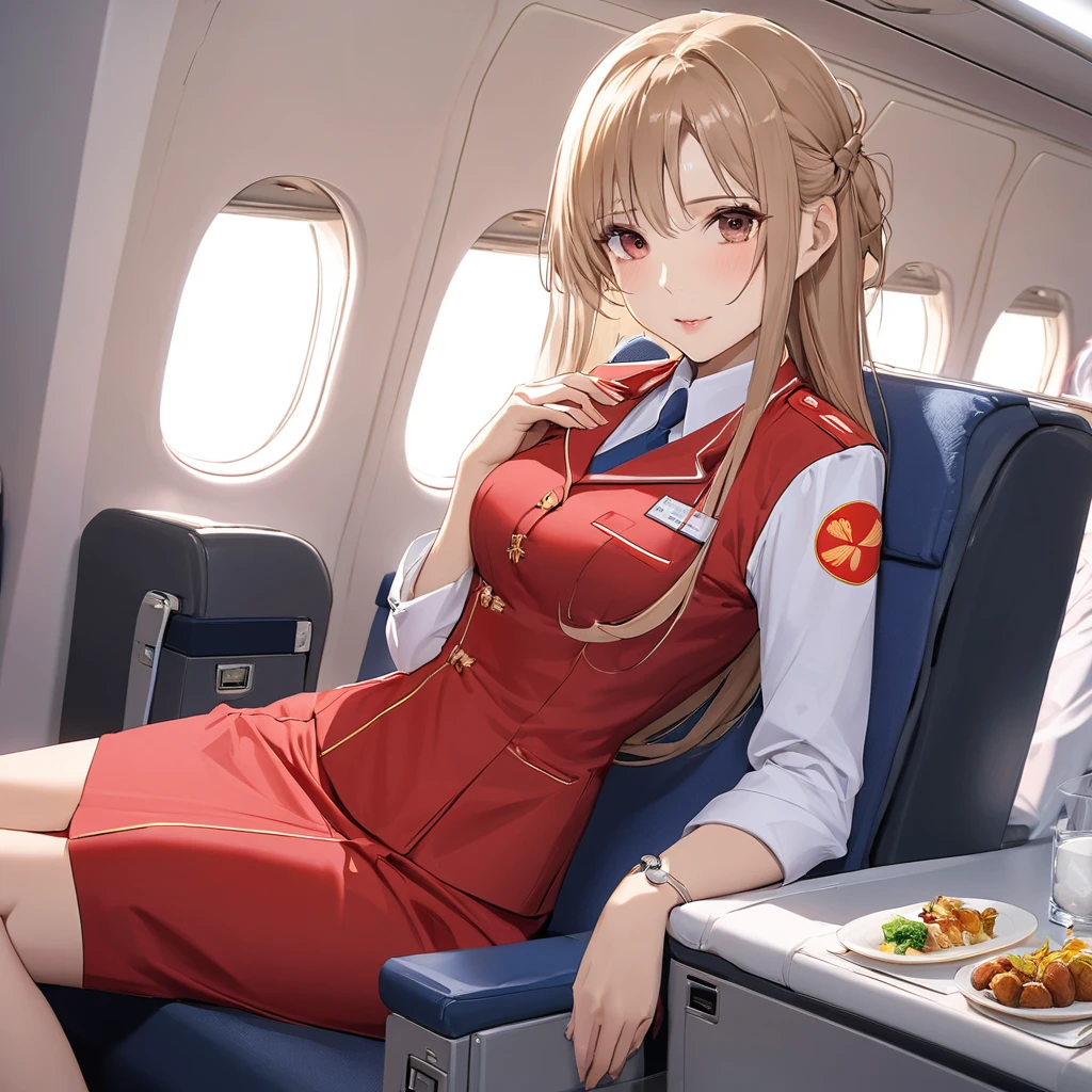 ((Highest quality)), ((masterpiece)), (detailed), （Perfect Face）、The woman is a Chinese flight attendant for Air China, named Yuuki Asuna, with light brown, medium-long hair.、The woman is wearing the red uniform of an Air China flight attendant.、The woman is an honorable special flight attendant reserved for members of the Chinese Communist Party.、The woman was a first-class passenger, a dignified elderly man who was a member of the Chinese Communist Party and was serving him privately, sitting next to him and entertaining him.、A man and a woman alone in the first class cabin