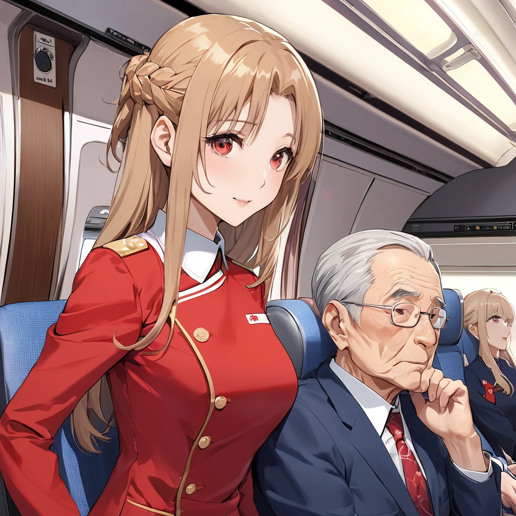 ((Highest quality)), ((masterpiece)), (detailed), （Perfect Face）、The woman is a Chinese flight attendant for Air China, named Yuuki Asuna, with light brown, medium-long hair.、The woman is wearing the red uniform of an Air China flight attendant.、The woman is an honorable special flight attendant reserved for members of the ???????????????????????.、The woman was a first-class passenger, a dignified elderly man who was a member of the ??????????????????????? and was serving him privately, sitting next to him and entertaining him.、A man and a woman alone in the first class cabin