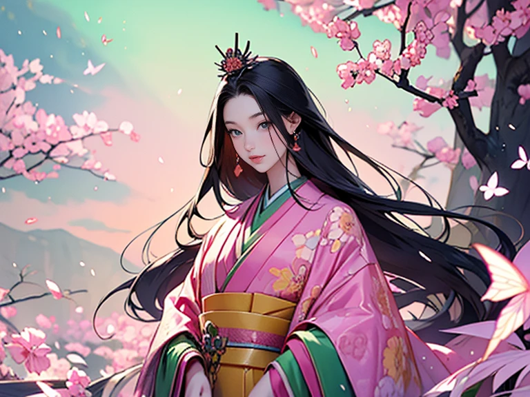 (masterpiece, Highest quality, Highest quality，aesthetics:1.2)，Twelve-layered kimono，1300 years ago，Japan_Heian period，１Beautiful noble princess，Beautiful Skin，(Straight hair　Long, beautiful black hair)，Beautiful Face、Beautiful Eyes，Beautiful nose、Beautiful lips、　(kimono　Gentle pink color　yellow　Light green　red　The beauty of layered colors)，Silk luster，Layered Color，Wide sleeves，The hem of the hakama is long，dream-like，elegant，Highest quality，Beautiful graphics, Super detailed，butterfly，Fresh，Minimal background，Transparent robe images，Detailed CG、