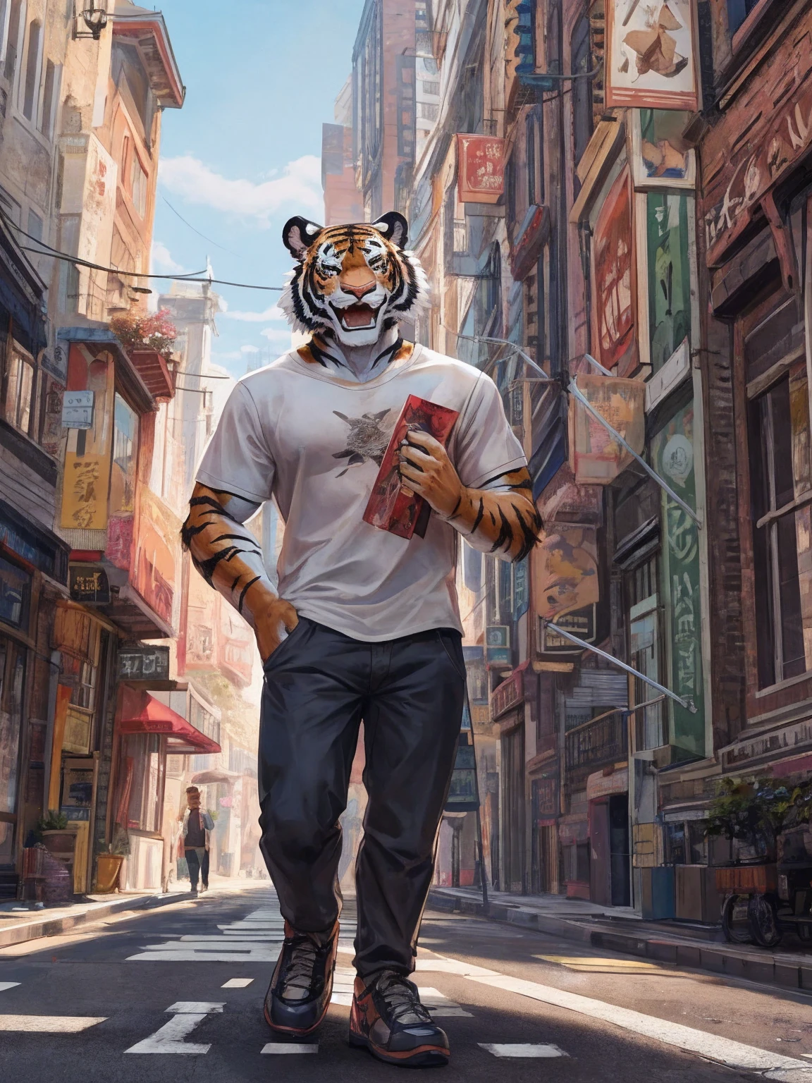 Clear at noon, (Male tiger furry:1.5) 一个肌肉发达的Male tiger furry在路边, The street is the background, The man was wearing a white printed T-shirt, Background is outdoor, Very happy expression, Excited expression,