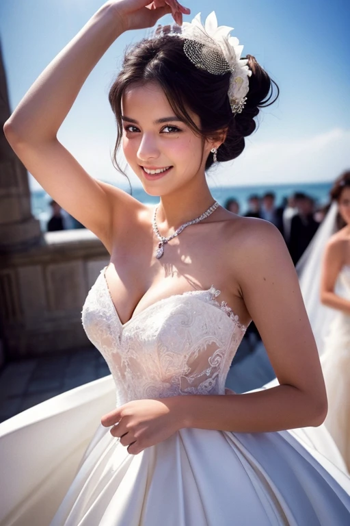 Mathilde Ajan smiles in a sexy wedding dress in the style of Yoshikazu Yasuhiko&#39;s illustrations