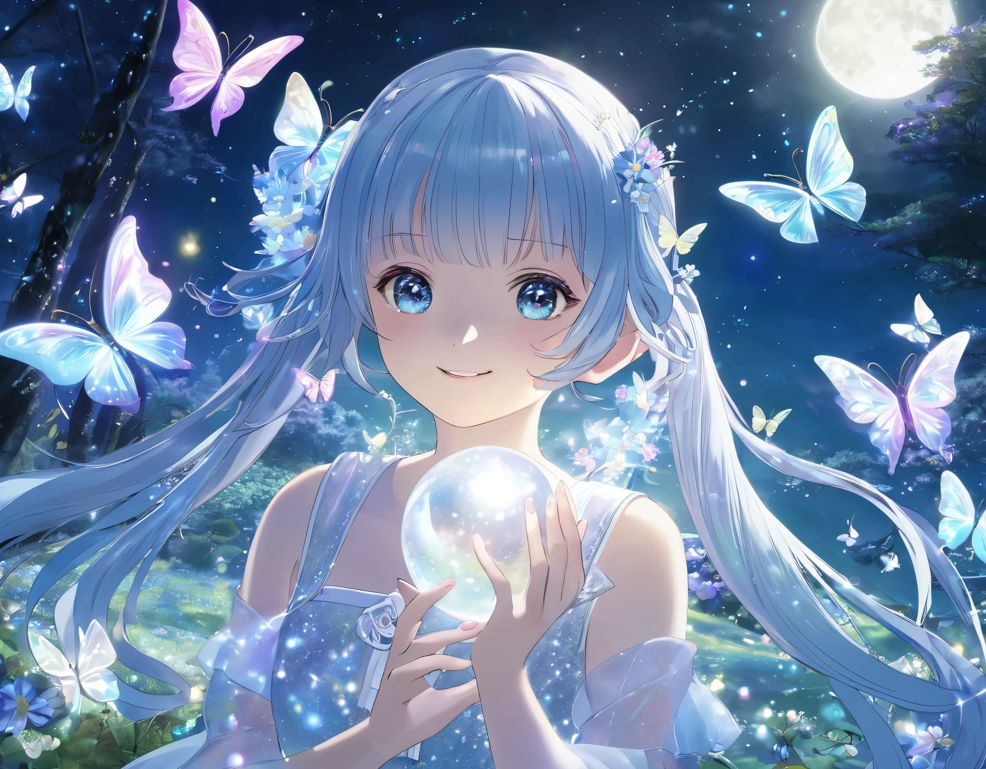 Light blue long hair、Beautiful girl with twin tails、smile、Mysterious forest with the moon shining、A forest shining in the moonlight and beautiful flowers all over the ground々、Crystal Sparkle、A beautiful girl holding a large transparent crystal ball、Many petals and many shiny butterflies fluttering about、Night Sky、shooting star、Mysterious Landscape、Beautiful girl in white dress、A shining aura surrounds the beautiful girl