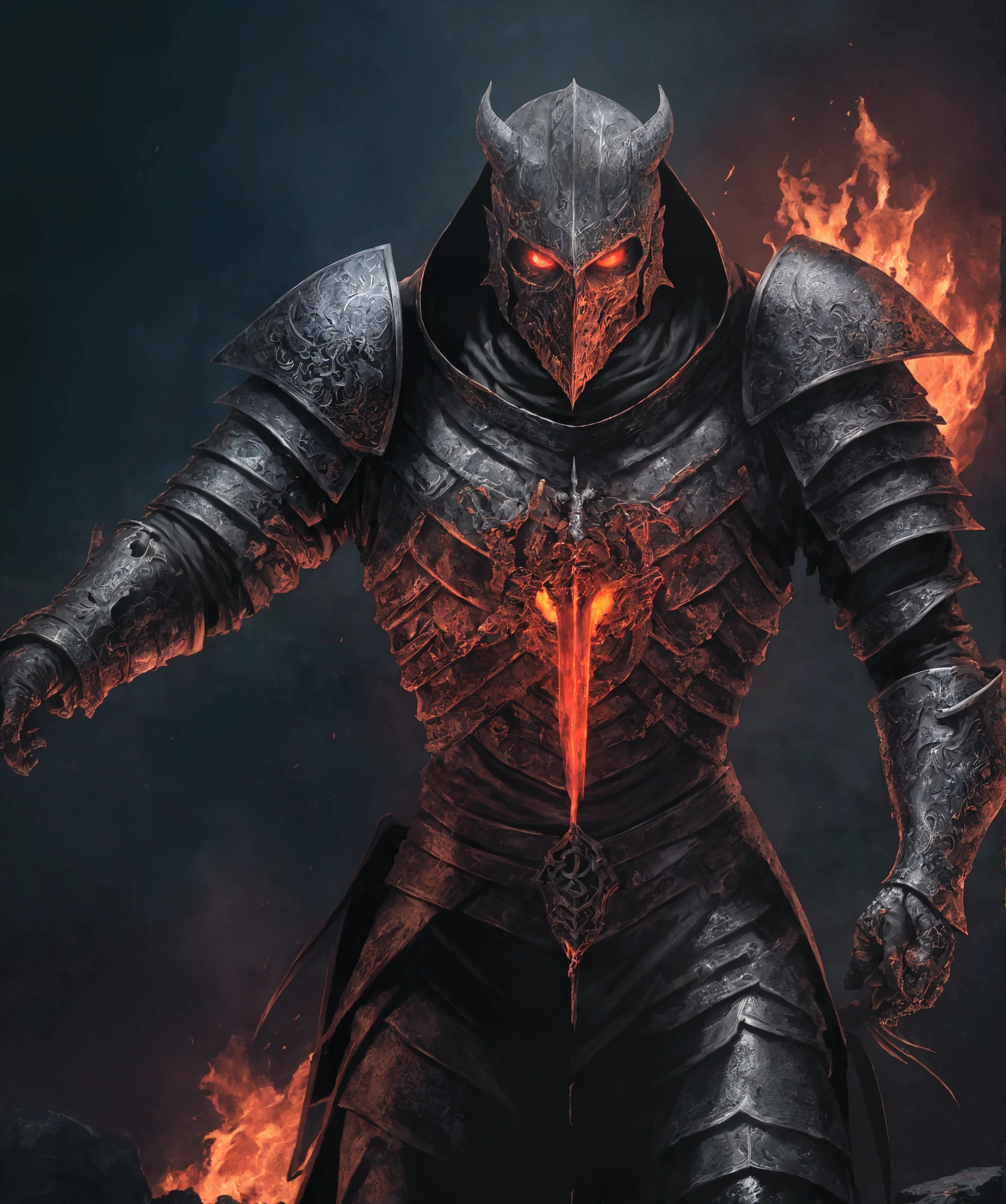 An ultra-high definition 8K wallpaper featuring a medium shot of Grim, depicted as a fierce medieval knight. Grim is clad in intricately detailed, battle-worn armor adorned with heraldic symbols and dark, gleaming metal. The scene is dramatically lit with a fiery glow, highlighting the rugged texture of the armor. The background showcases a war-torn battlefield with crumbling fortresses and blazing fires, creating a vivid, intense atmosphere. The image boasts intricate details, a dramatic historical theme, and rich, complementary colors of blood red, charcoal black, and molten gold, contributing to an overall sense of epic conflict and valor.