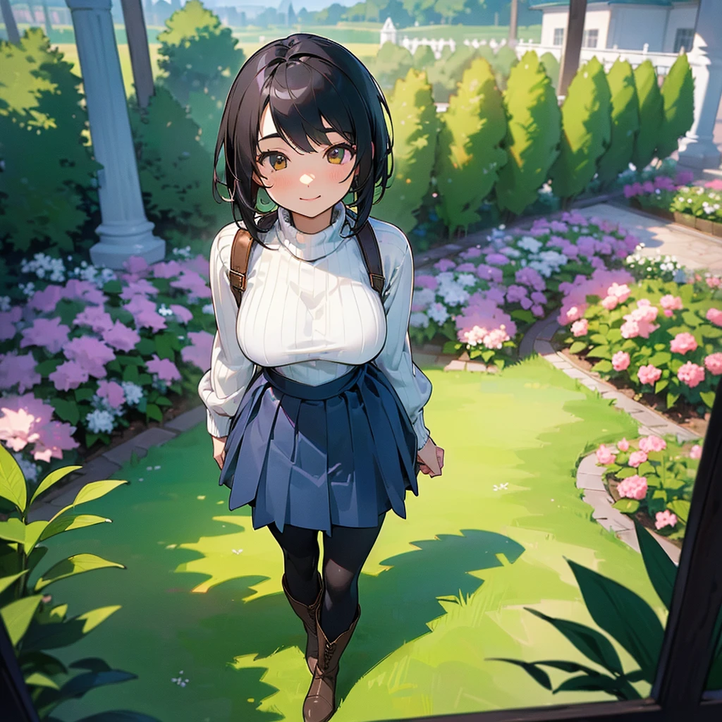 (high quality, High resolution, Very detailed, reality:1.37), Peaceful atmosphere, (Outdoor, garden), Teenage girl standing alone, (my breasts are big.), Beautiful details, Cute Smile, (Black bob hair), Ribbed sweater, Blue Skirt, Black tights, Brown boots.