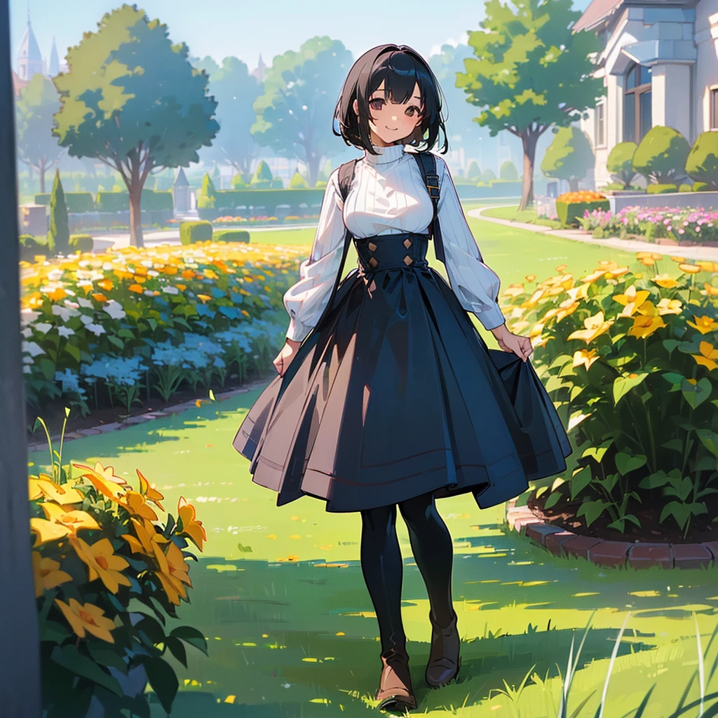(high quality, High resolution, Very detailed, reality:1.37), Peaceful atmosphere, (Outdoor, garden), Teenage girl standing alone, (my breasts are big.), Beautiful details, Cute Smile, (Black bob hair), Ribbed sweater, Blue Skirt, Black tights, Brown boots.