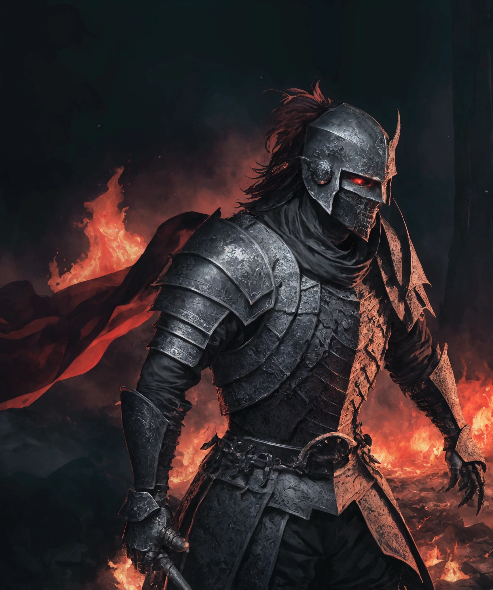 An ultra-high definition 8K wallpaper featuring a medium shot of Grim, depicted as a fierce medieval knight. Grim is clad in intricately detailed, battle-worn armor adorned with heraldic symbols and dark, gleaming metal. The scene is dramatically lit with a fiery glow, highlighting the rugged texture of the armor. The background showcases a war-torn battlefield with crumbling fortresses and blazing fires, creating a vivid, intense atmosphere. The image boasts intricate details, a dramatic historical theme, and rich, complementary colors of blood red, charcoal black, and molten gold, contributing to an overall sense of epic conflict and valor.