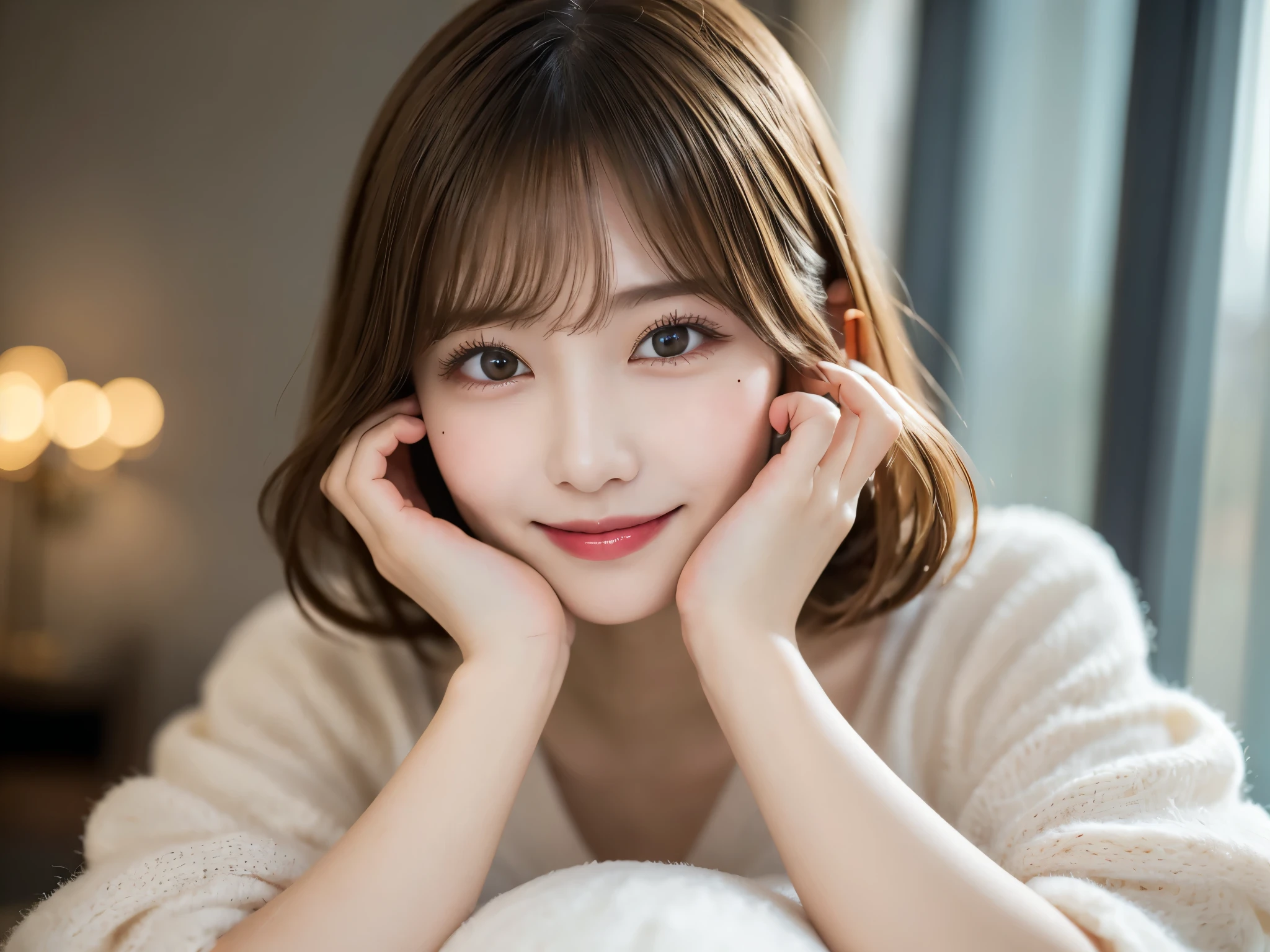 Highest quality, shape, Very detailed, In detail, High resolution, Long blonde, bangs, Perfect dynamic composition, Beautiful details, Thick Lip, room, Mole on the corner of the eye, Big Breasts, She is smiling in a cute pose.., A masterpiece of the whole body, Full Body Shot