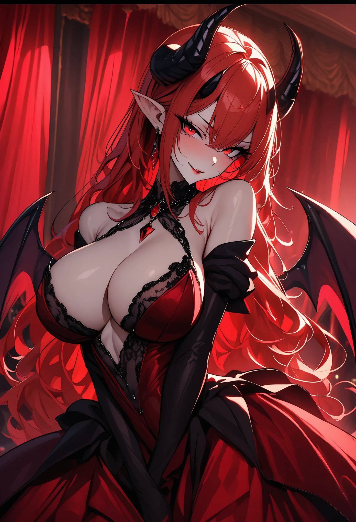 solo, female, vain pose, jewelry, close up, extremely attractive, flawless porcelain skin, long lustrous wavy red hair, red eyes, huge breasts, seductive smile, luxurious, elegant gala dress, ball room, velvet curtain, succubus, horns, demon wings, spade tail, billowing dress, conservative dress, seductive, vain, pointed ears